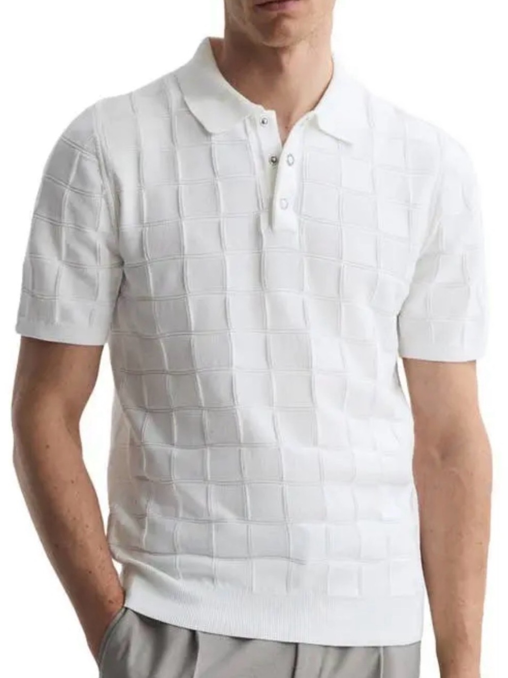 Reiss White Short-Sleeve Knit Polo with Snap Placket